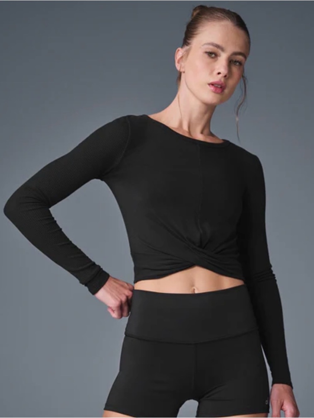 ALO Yoga Black Long-Sleeve Twist Hem Top